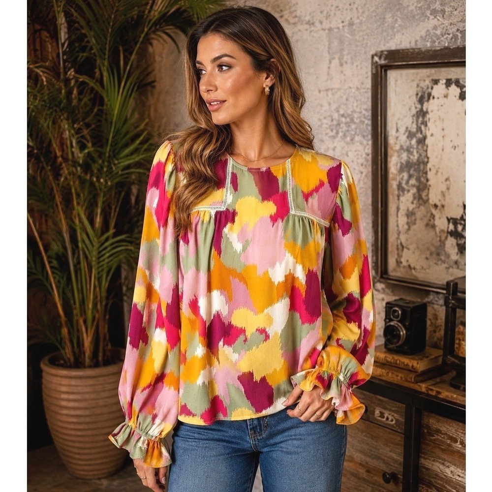 Avara Retro Indi Colorful Artsy Brushstroke Balloon Sleeve Blouse Womens S